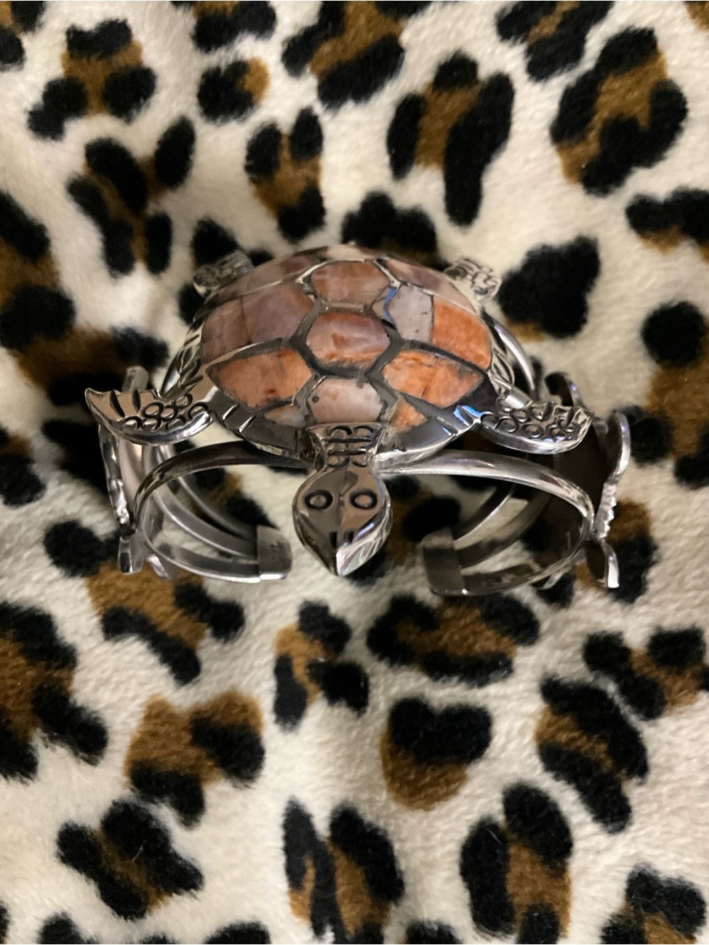 Silver Turtle Cuff Bracelet with Orange Shell Accent